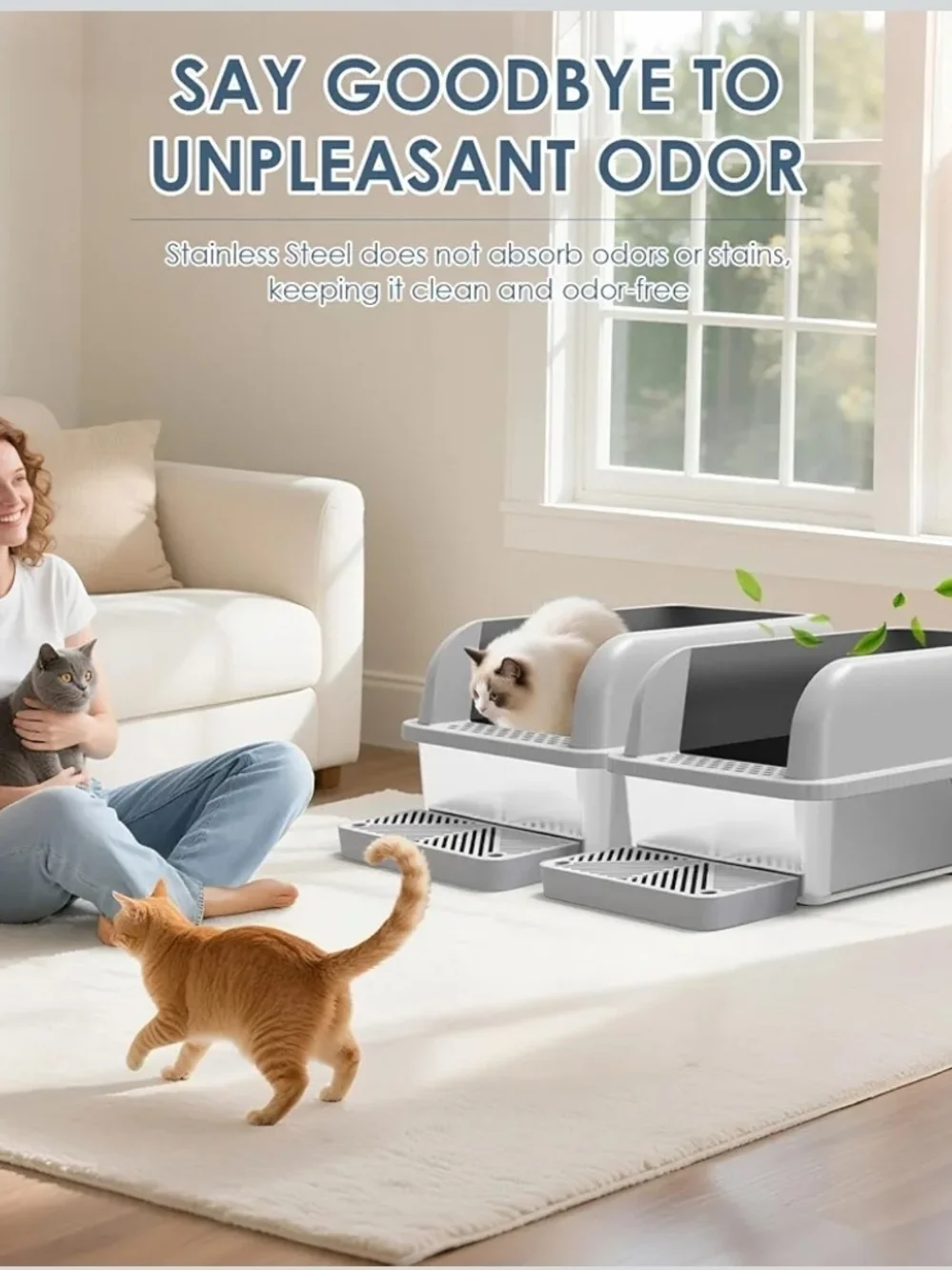 2 Pack XL Stainless Steel Cat Litter Box High Wall Enclosed Pan With Lid